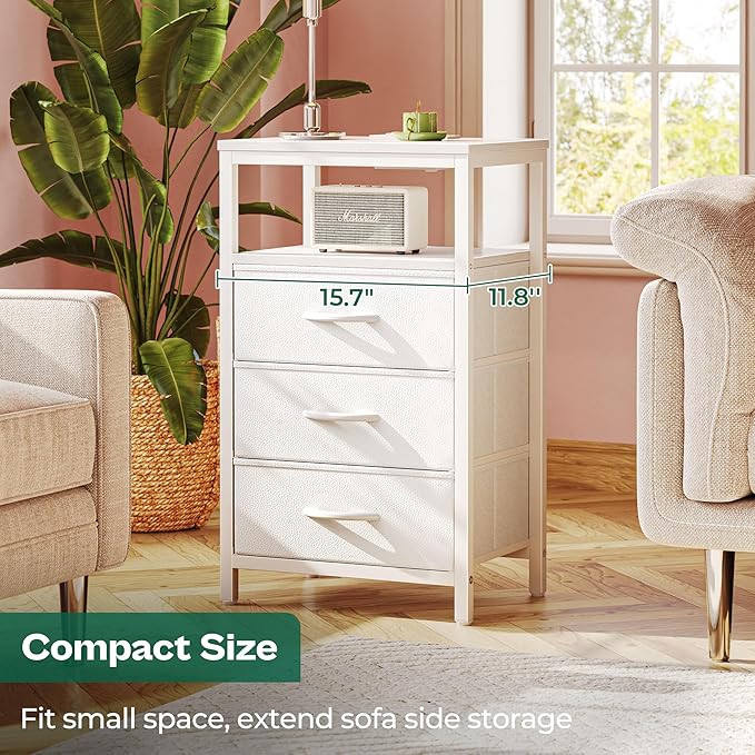 Huuger Nightstand with Charging Station, 27.6 Inch Side Table with Drawers - Image 3