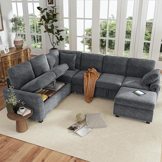 Hanherry Sectional Couch with Pull Out Sofa Bed, Corduroy Sleeper Sofa with - Image 8