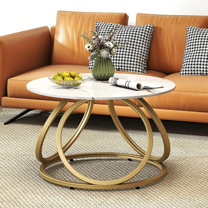 O&K FURNITURE Gold Round Coffee Table, Faux Marble Top - Image 9