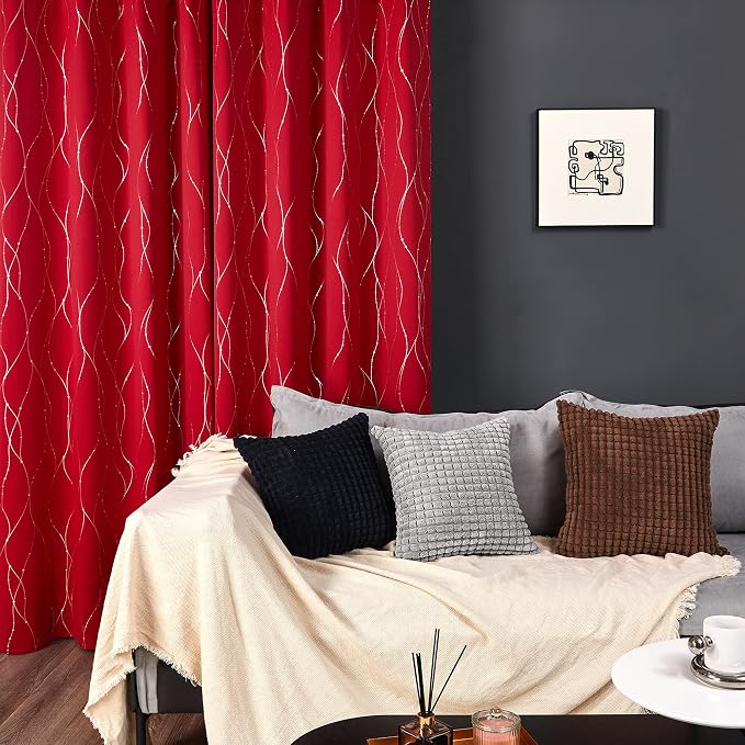 Deconovo Red Curtains, Christmas Drapes, Wave Line Dot Foil Print, 52 x 63 Inch - Image 3