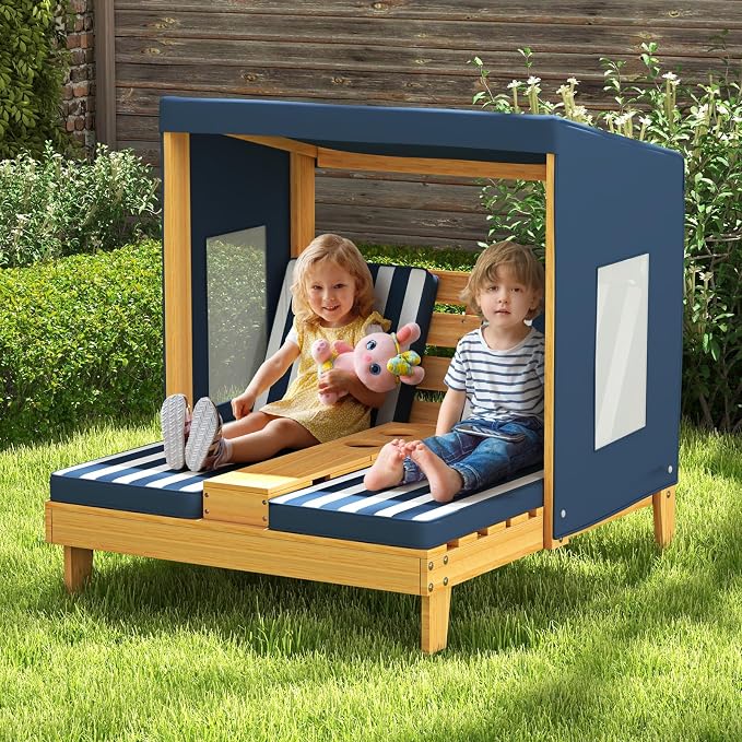 HONEY JOY Kids Chaise Lounge Chair Outdoor, Toddler Wood Double Pool Lounger - Image 2