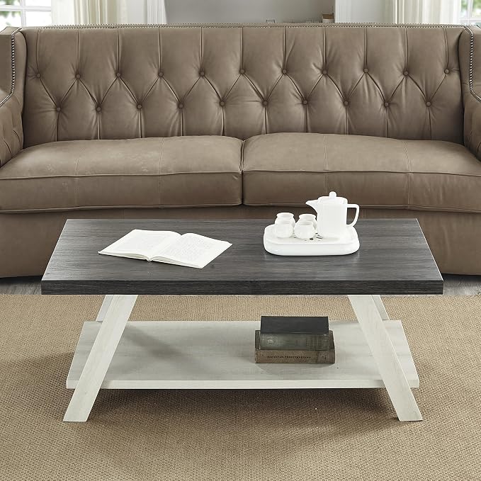 Contemporary Two-Tone Wood Coffee Table 48 in, Weathered Charcoal and Beige by Noeko