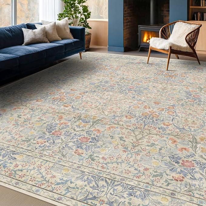Vintage Washable Beige Blue 10x14 Rug by HazoHaus