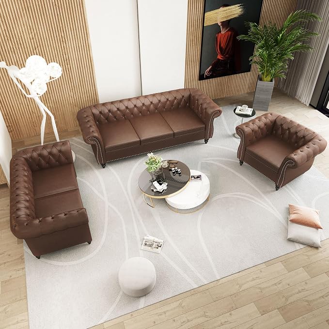 QHITTY 3 Piece Living Room Set, Sectional Chesterfield Sofa Chair Contemporary - Image 7