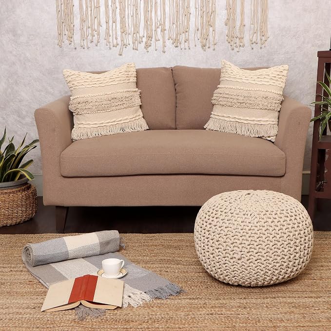 REDEARTH Round Pouf Ottoman –18"x18"x14" Hand-Knitted Cotton Pouffe –Cable - Image 7