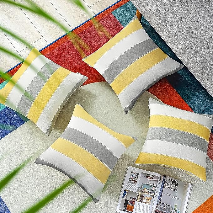 AmHoo Pack of 2 Farmhouse Stripe Check Throw Pillow Covers Set Case Cotton - Image 4