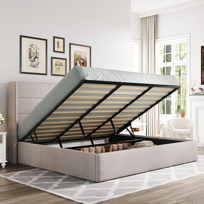 Allewie King Size Lift Up Storage Bed, Modern Wingback Headboard, Hydraulic by Allewie
