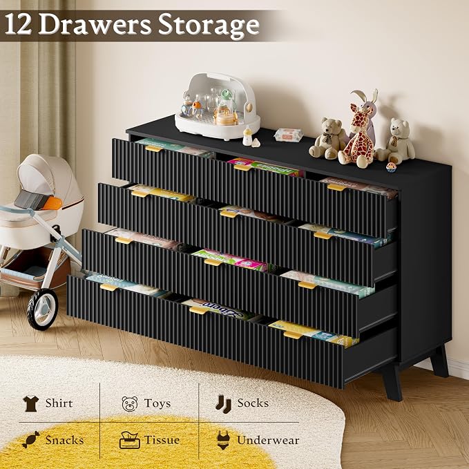 BORNOON 57" Wide Dresser for Bedroom, 12-Drawer Fluted Dresser - Image 3
