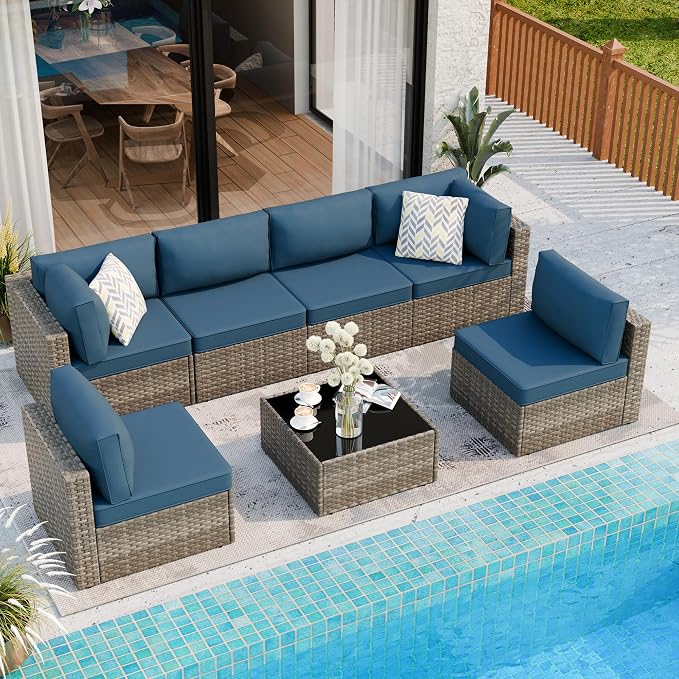 7 Piece Outdoor Patio Furniture Set, Natural PE Rattan Wicker Sectional Sofa by Shintenchi%7CFurnitureMadeforRealLife