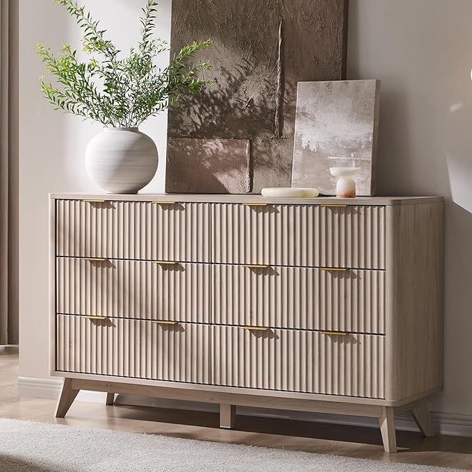 T4TREAM Fluted 6 Drawers Dresser, Curved Profile Design, Dresser TV Stand by T4TREAMFurniture