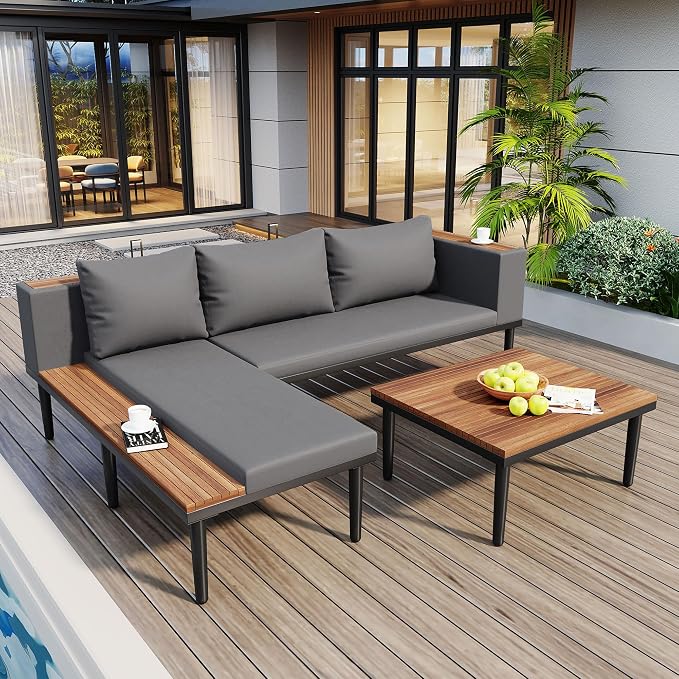 VilroCaz Luxury Outdoor Patio Furniture Set, L-Shaped Acacia Wood Sectional Sofa - Image 2