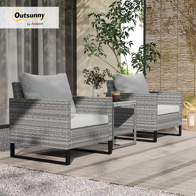 Outsunny 3 Pieces Patio Furniture Set, Wicker Conversation Bistro Set - Image 2