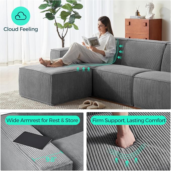 LINSY HOME Modular Sectional Sofa, Corduroy Sectional Cloud Couches - Image 3