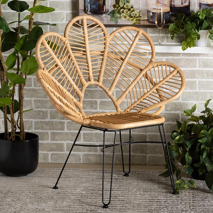 bali & pari Garan Modern Bohemian Natural Rattan and Black Metal Accent Chair by balipari