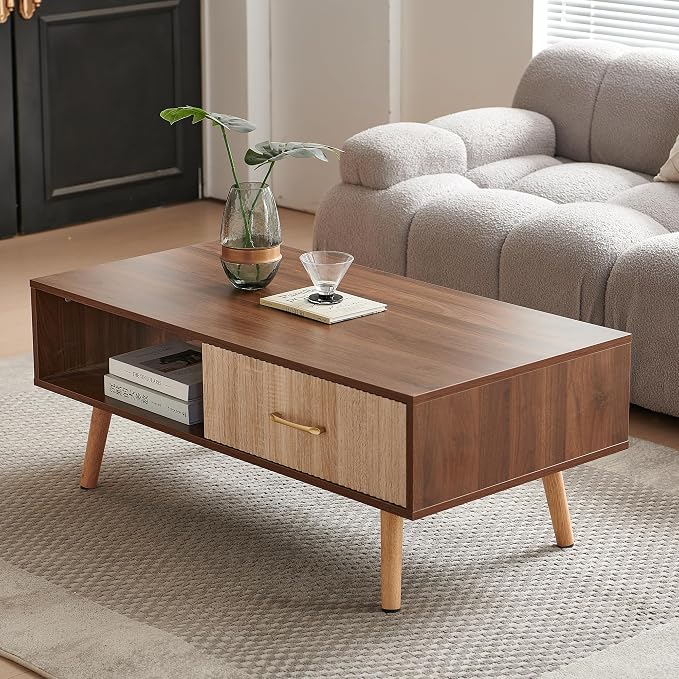Coffee Table with Storage, Mid Century Boho Wood Center Table with Open Storage - Image 5