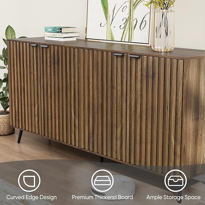 Smuxee 63" Fluted Sideboard Cabinet, Freestanding Walnut Buffet Cabinet - Image 6