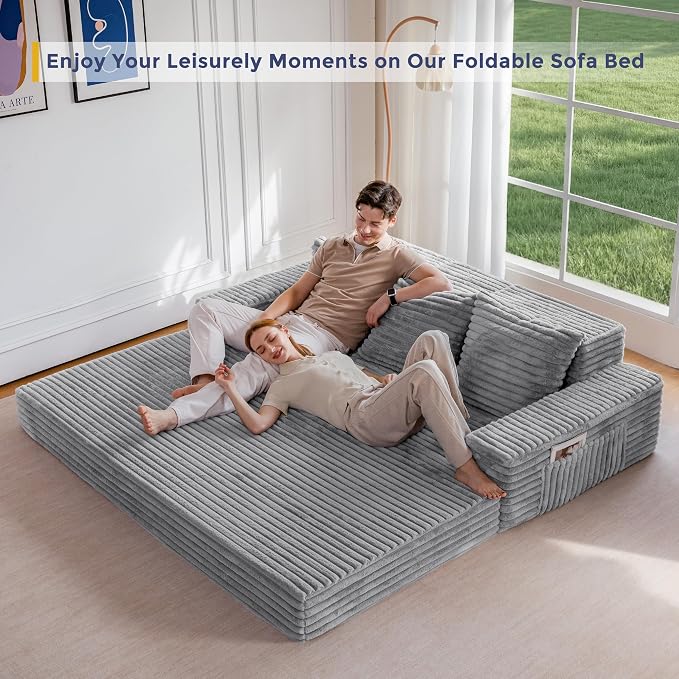 MAXYOYO Loveseat Sofa Bed, Striped Faux Fur Foldable Floor Sofa Couch in A Box - Image 4