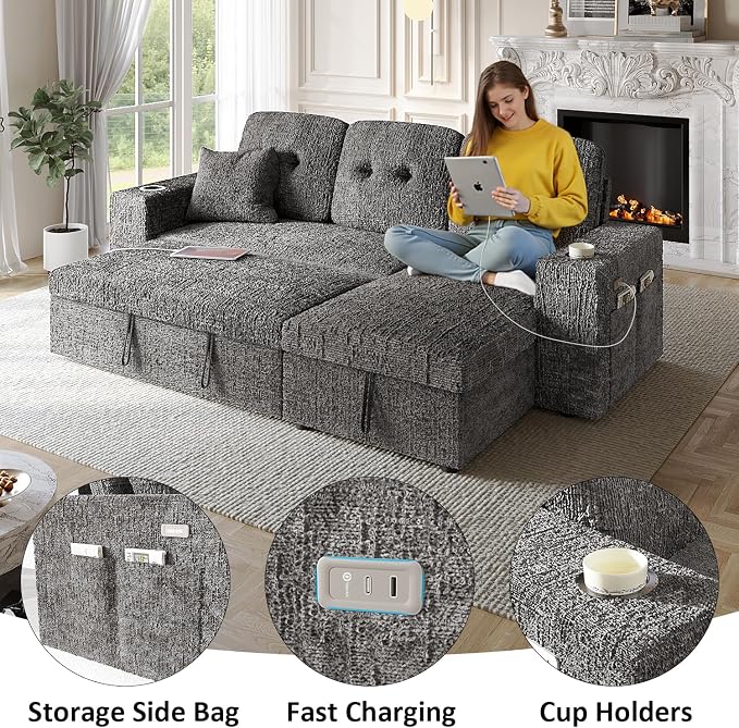 90 Inch Modular Sectional Sleeper Sofa Bed, 4 in 1 Pull Out Couch Bed - Image 4