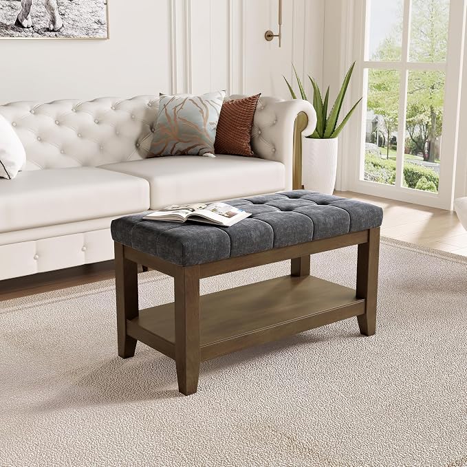 ABHENG Solid Rubber Wood Shoe Bench, Soft Chenille Material Upholstered Seat - Image 5