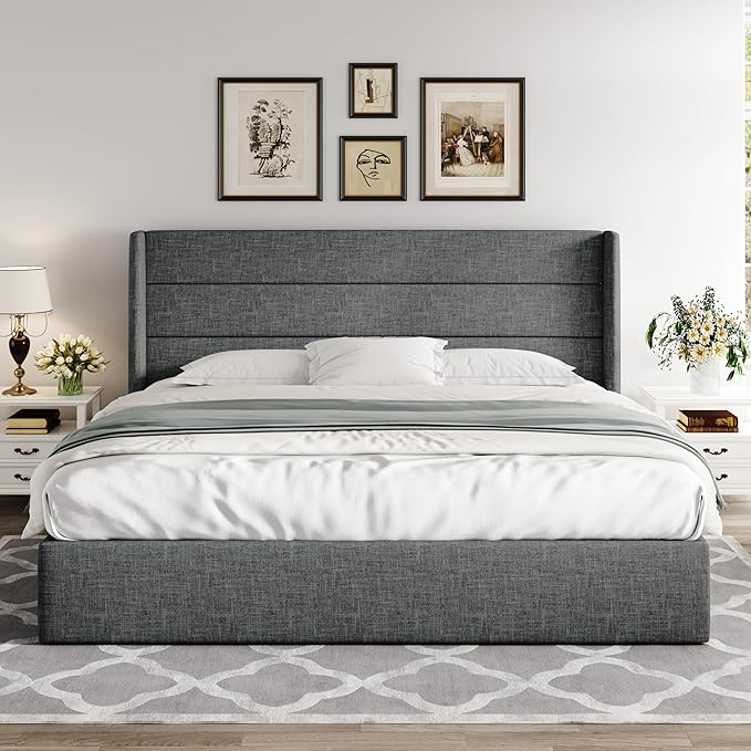 Allewie King Size Lift Up Storage Bed, Modern Wingback Headboard, Hydraulic - Image 7