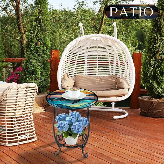 Cinnvoice Outdoor Side Table Round Small Mosaic Patio Accent Indoor End Plant - Image 6