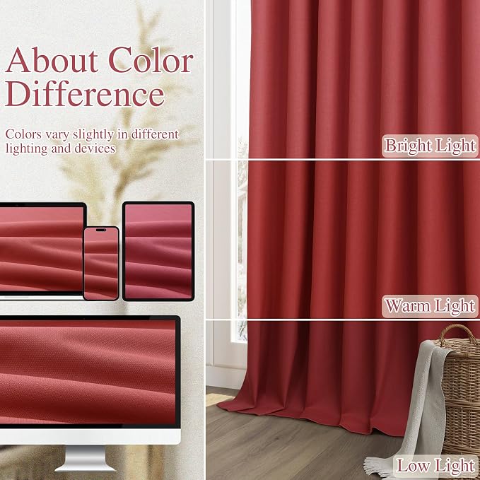 Guken Red 100% Blackout Linen Curtains 90 Inch Length 2 Panels Set - Image 7