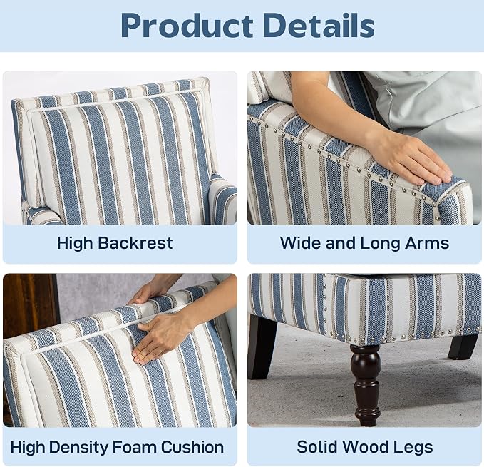 Blue Striped Accent Chair for Living Room Bedroom - Image 7