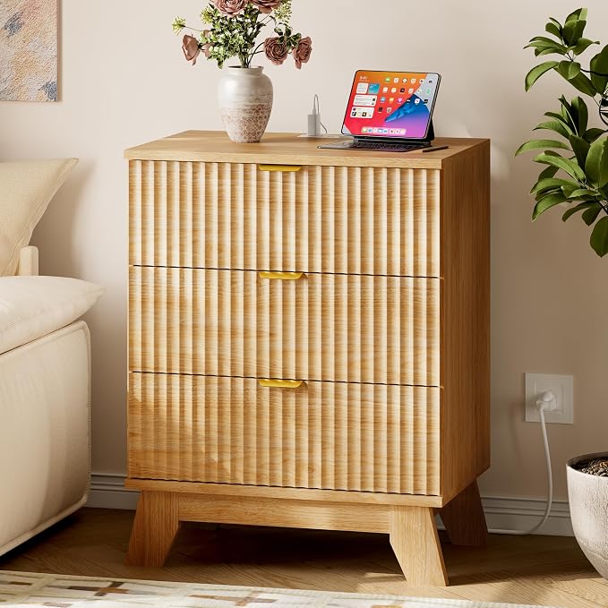 BORNOON 30.5" Nightstand with Charging Station, 3-Drawer Fluted Bedroom Chest by BORNOON