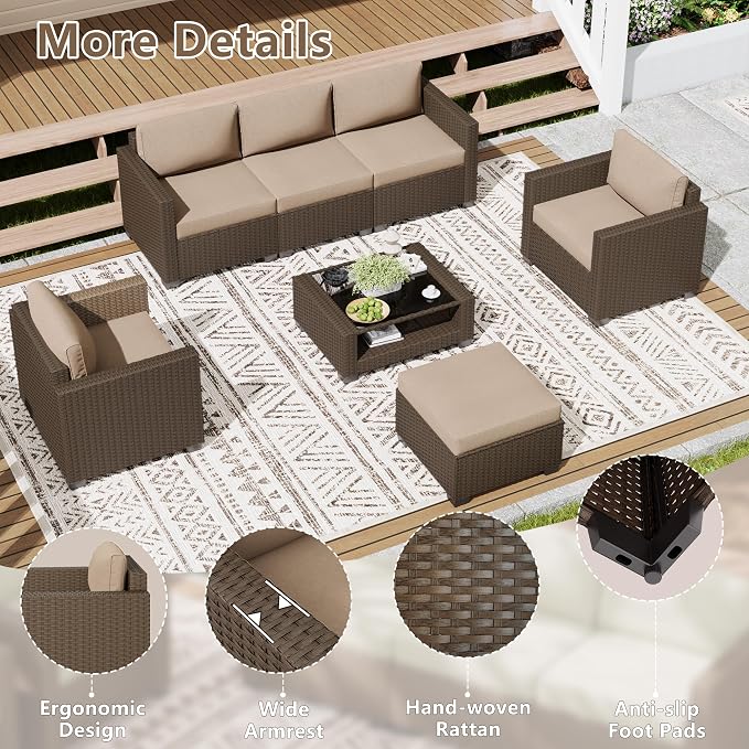 LOUVIXA 7 Piece Outdoor Patio Furniture Set, Rattan Chairs Glass Table Wicker - Image 5