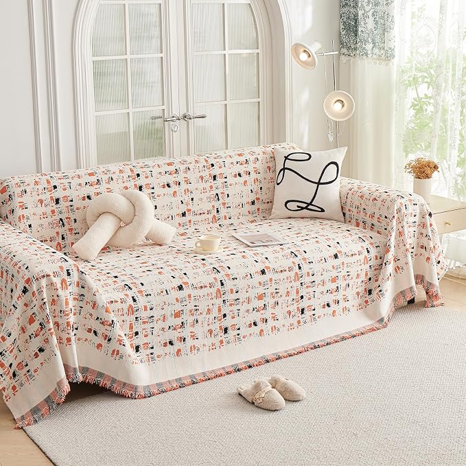 DREAMINGO Abstract Chenille Couch Cover Blanket Beige Orange Black Boho Sofa by DREAMINGO