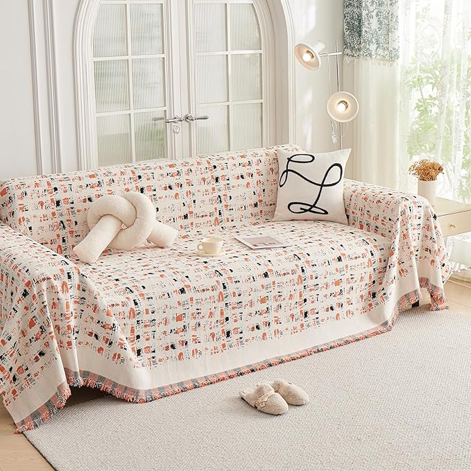 DREAMINGO Abstract Chenille Couch Cover Blanket Beige Orange Black Boho Sofa by DREAMINGO