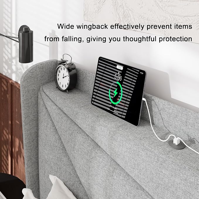 Feonase Full Bed Frame with Charging Station, Linen Upholstered Platform - Image 4