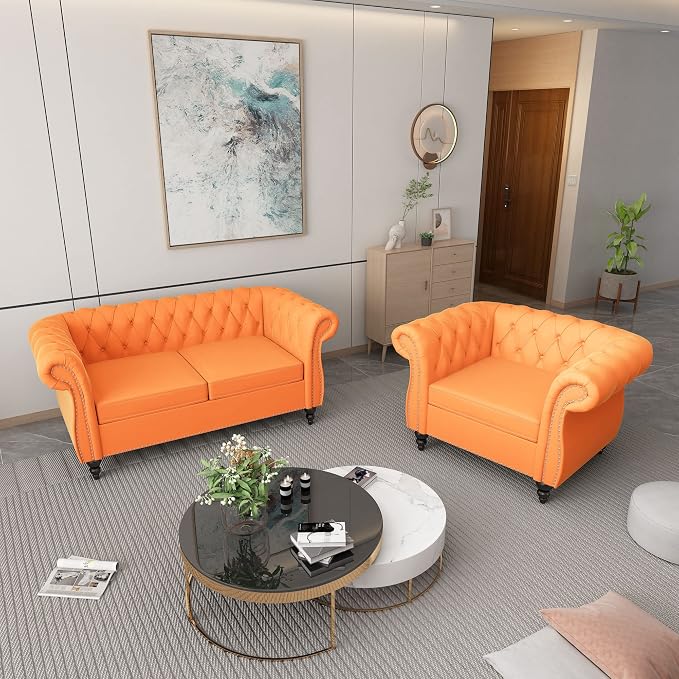 ORRD 2 Piece Living Room Set, Velvet Chesterfield Sofa Loveseat Couch Chair by ORRD