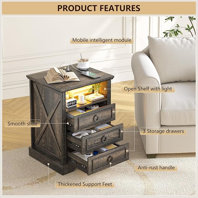 Nightstand with Charging Station, Farmhouse End Side Table with 3 Drawers and - Image 6