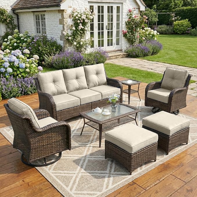 Patio Furniture Set, High Back Rattan Sofa & Swivel Rocker Chairs, Weather by SAILARYPatioFurniture