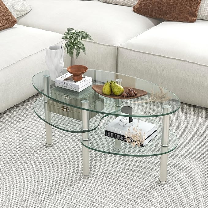 Tangkula Glass Coffee Table, Modern Furniture Decor 2-Tier Modern Oval Smooth - Image 2