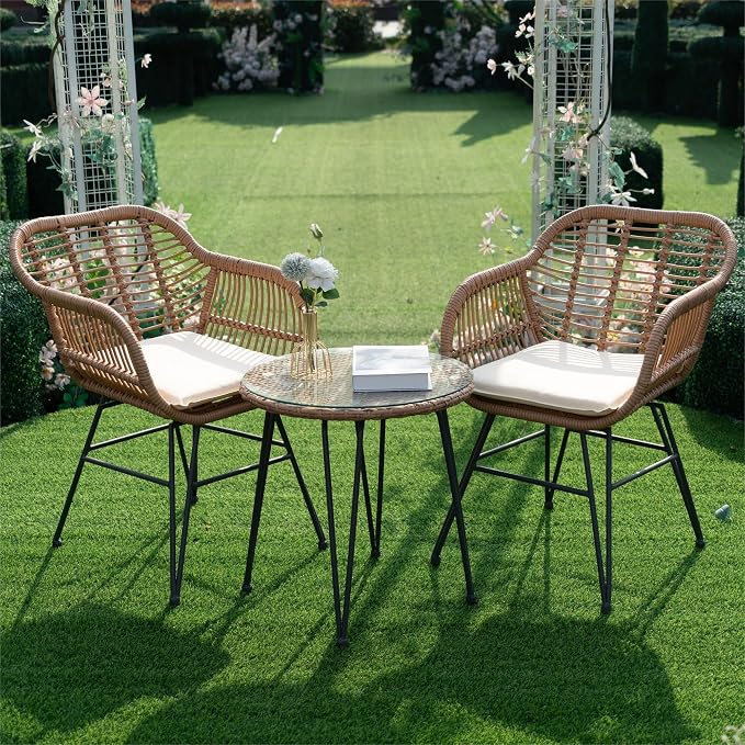 3 Piece Outdoor Wicker Furniture Bistro Set, Rattan Chairs Conversation Sets - Image 8