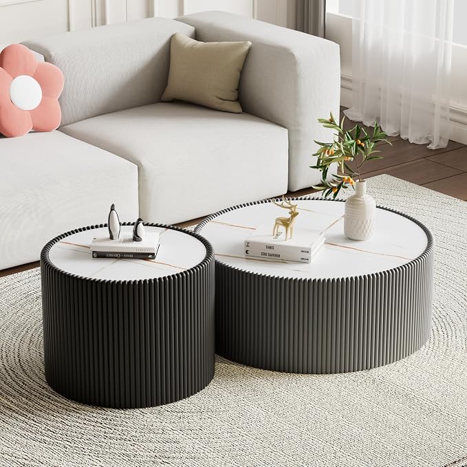 SSLine Round Drum Coffee Table Modern Sintered Stone Top Coffee Table in Grey - Image 6