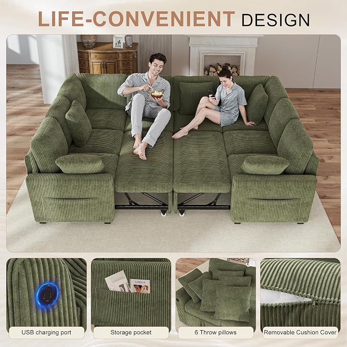 Hanherry Sectional Sofa with Pull Out Couch Bed, Corduroy Sleeper Sofa with 2 - Image 4