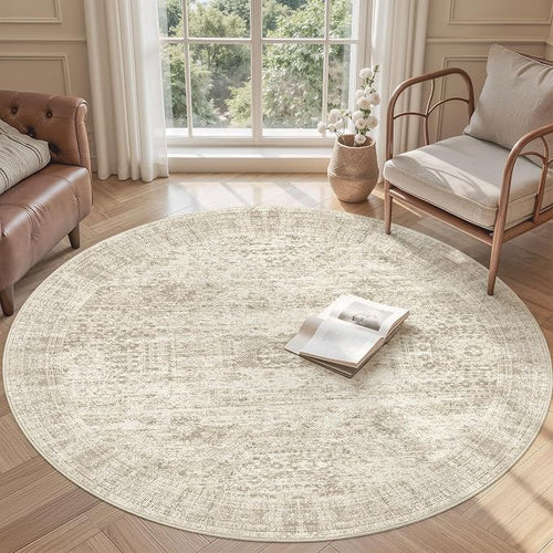 5x5 Beige Round Rug 5ft Living Room Circle Rug Vintage Round Area Rug Non Slip - Image 2
