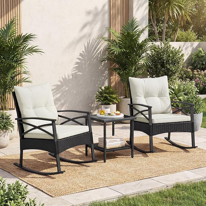 Tangkula 3 Pieces Outdoor Rocking Chairs Set, Rattan Heavy Duty Cushioned - Image 2