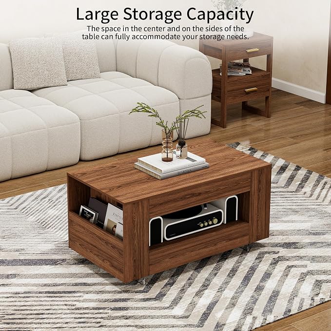 39" Wood Coffee Table for Living Room, Sides Storage - Image 3