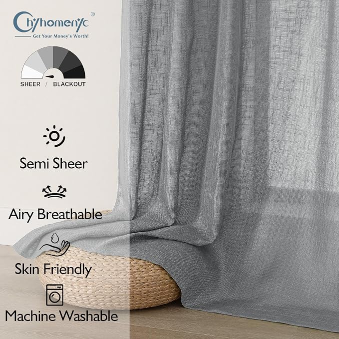 Chyhomenyc Charcoal Grey Semi Sheer Curtains 96 Inches Long 2 Panels - Image 2