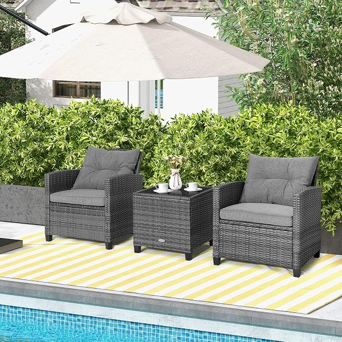 Tangkula 3 Pieces Patio Furniture Set, Outdoor PE Rattan Conversation Chair Set - Image 4
