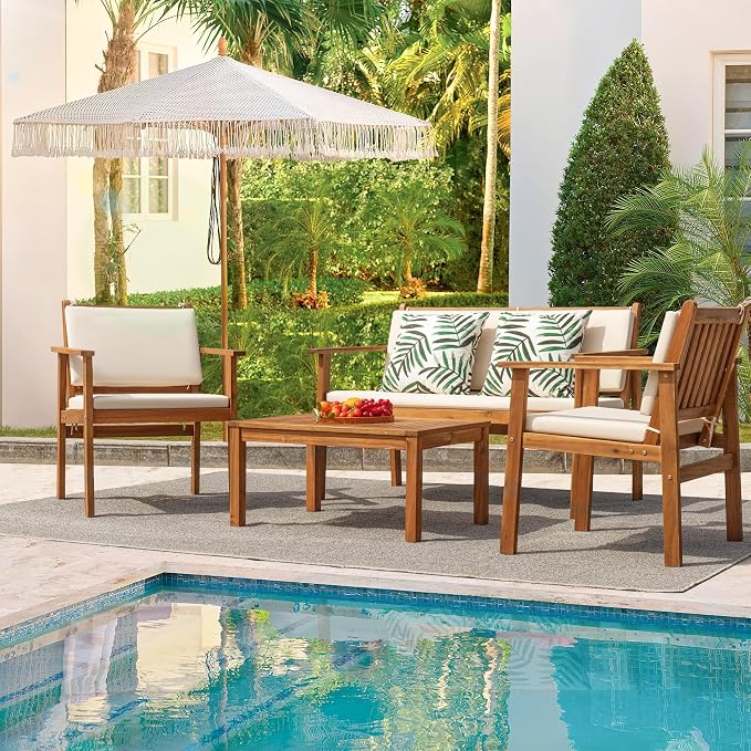 Flamaker Patio Furniture 4 Piece Outdoor Acacia Wood Patio Conversation Sofa Set - Image 6