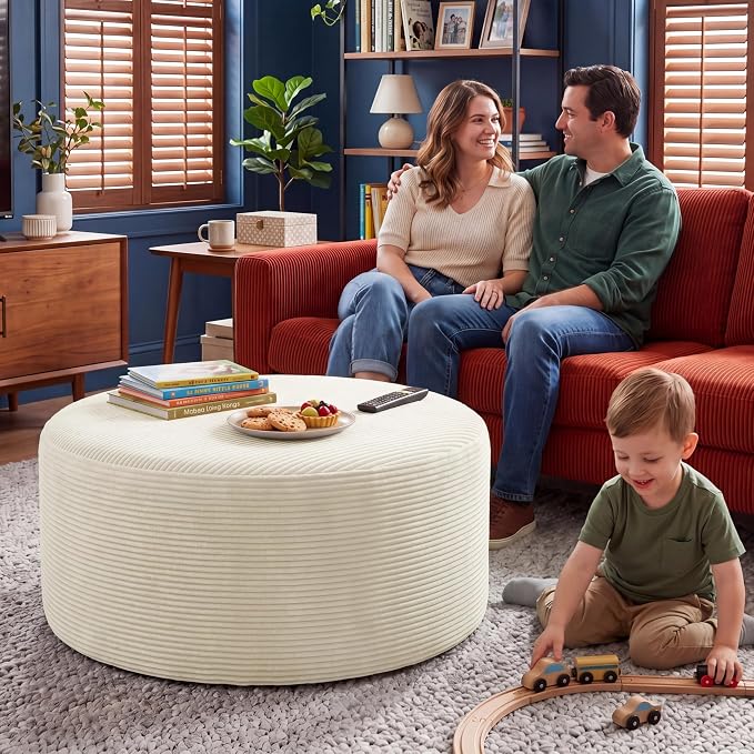BSHOMGI Round Ottoman, Corduroy Ottomans Foot Stool, 27.5" Pouf Footstool - Image 8