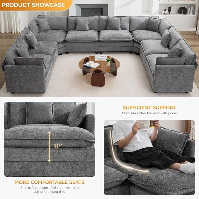 147'' Oversized U Shaped Cloud Sectional Sofa, Chenille Deep Seat Couches - Image 3