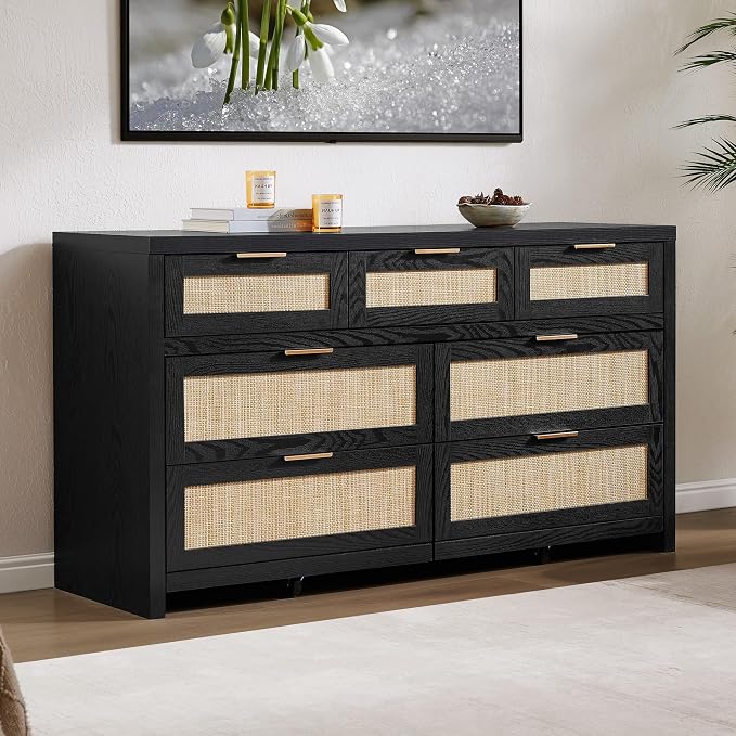 SICOTAS 7 Drawer Dressers for Bedroom Set 2, Long Rattan Dresser, Dresser TV - Image 8