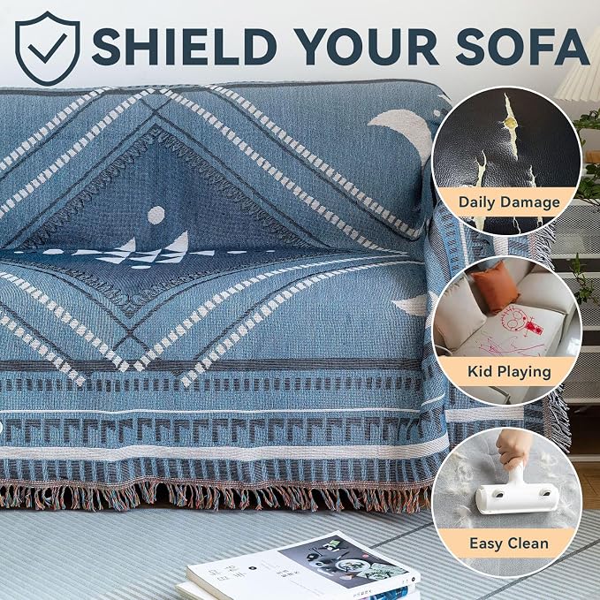 VClife Boho Couch Cover White Blue Plaid Stripe Couch Cover Washable L Shape - Image 4