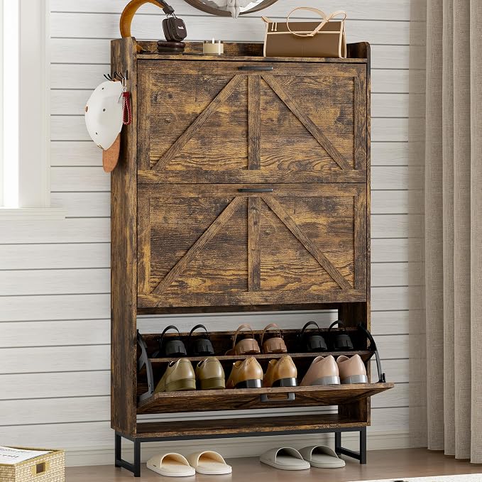 BORNOON Shoe Cabinet with 3 Flip Drawers Narrow Shoe Storage Cabinet Organizer by BORNOON